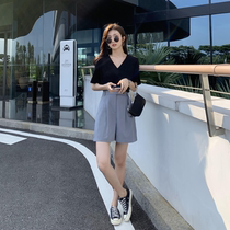 Japanese suit five-point pants female straight pants elastic waist summer thin cool thin gray wide leg shorts