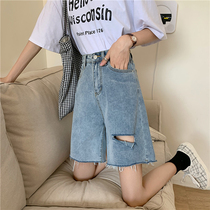 Shorts womens summer loose 2021 new ins tide retro hole pants thin straight five-point jeans