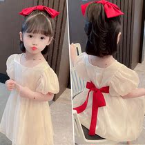 Baby girl Summer bubble sleeve dress children Korean version of gauze child bow Tuffy dress cake skirt girl