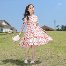  Girls  summer cotton skirt 2021 new middle and large childrens summer childrens short-sleeved thin girl floral dress