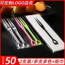 Customized fruit fork handmade independent packaging 2 3 4 5 disposable try fork plastic sign with paper towel set