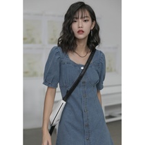 Japan SLY denim dress female retro short-sleeved spring new thin slim slim a-line short skirt