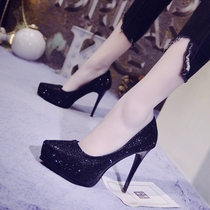 2021 Spring and Autumn new sexy nightclub rhinestone womens shoes pointed high heels heel waterproof table shallow black single shoes