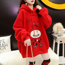 Lamb hooded sweatshirt womens long autumn and winter clothes 2021 New pregnant women reduced age Foreign style plus velvet thickened coat