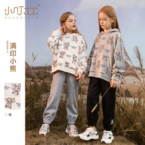 Girls sweater hooded childrens bear full-printed wide version loose top middle-aged childrens foreign style Spring and Autumn New Tide childrens clothing