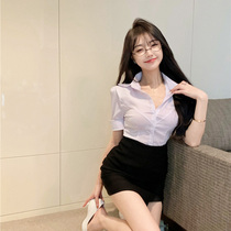 V-neck low-cut sexy professional suit womens summer slim-fit tight white shirt OL uniform thin shirt overalls
