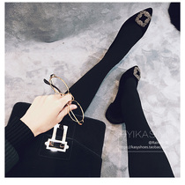 Flat single shoes womens spring and autumn 2021 new versatile pointed temperament shallow velvet square buckle rhinestone flat heel womens shoes
