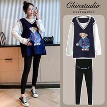 Pregnant women Net Red fashion 2021 Autumn New out fake two print bear T-shirt shirt long set