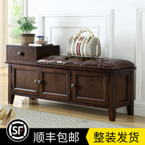 American solid wood leather shoe stool Adult can sit household shoe stool storage stool American country shoe cabinet storage stool