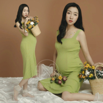 1008 photo studio pregnant women Photo costume vintage green knit sling dress photo theme clothes for rent
