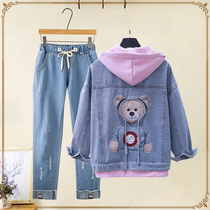Junior high school female autumn fashion denim coat girl High School student sweater two-piece set College Style youth