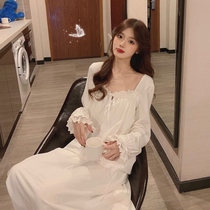 Princess style lace nightgown women's spring and autumn long sleeve 2021 new super fairy sweet long dress white outside home clothing