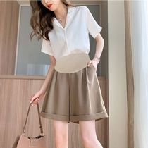 Maternity shorts Women wear thin high waist crimped wide leg suit five-point pants tide mom spring and summer maternity pants