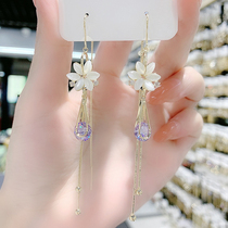 Momo flower cats eye stone flower earrings long purple zircon water drop tassel ear line super fairy quality earrings for women