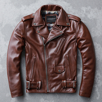 New cow leather mens leather first layer cowhide motorcycle jacket brown cycling clothing slim trend thick single