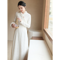 Chinese style winter thick modified cheongsam dress lace wool mink fur collar tea dress