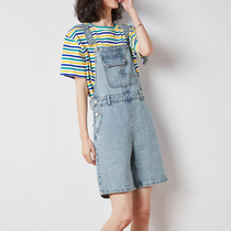 Tang lion 2021 summer new casual bib women loose high waist A word wide leg one-piece shorts large pocket age reduction