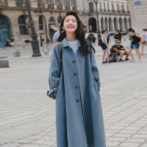 Haze blue woolen coat womens autumn and winter New Korean version of Hepburn wind temperament loose knee woolen coat small man