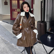 Lamb wool stitching pu leather jacket women autumn and winter fur one loose plus velvet medium long waist long sleeve top