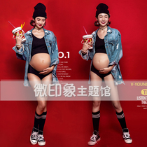 8135 new playful fashion denim style nightclub photo photography building Photo big belly pregnant women mommy art clothing