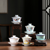 Dehua sweet white jade porcelain tea set Thin tire cover Bowl Tea Cup Sancha three-way bowl tea maker small Chinese ceramic serving tea bowl list