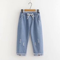 Teenage Girl Pants Spring Summer Clothing 2022 New Junior High School Students Loose Casual 100 Lap Straight Drum 70% Jeans