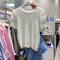 2022 Spring loaded with new gentle wind round neckline head t-shirt bubble short sleeve grey casual knit cardiovert blouse