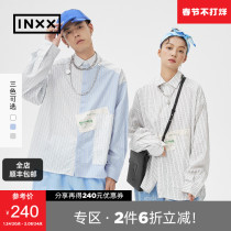 (INXX)STAND BY Tide Brand Loose Casual Shirt bf Wind Irregular Patch Stripe Long Sleeve Shirt Tide