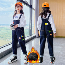Girls cowboy pants set autumn winter clothes 2021 new middle and big Children boy foreign style plus velvet long pants