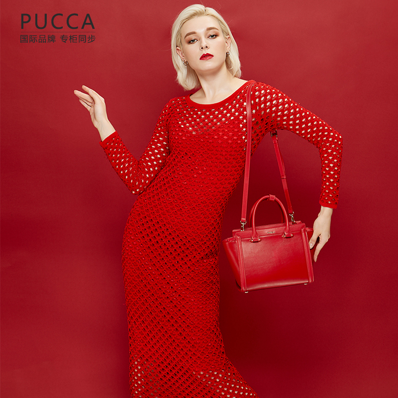 [Brand Counter] Pucca Red Bag Girl Married Bride Bag Leather Large Capacity Slant Wing Bag