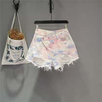 Eurostock fashion flower color high and low waist denim shorts irregular breaking hole hair side personality 100 hitch pants hot pants woman