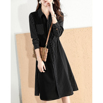 Foreign trade brand Italian big-name cut womens temperament Joker slim POLO collar striped long sleeve dress women