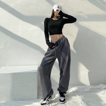 Gray sweatpants womens draw rope leg pants Korean version of Joker loose high waist straight tube Harlan pants autumn ins tide