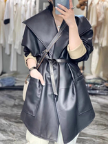Large lapel leather leather clothes womens belted loose windbreaker 2021 autumn new sheepskin cloak medium-length jacket