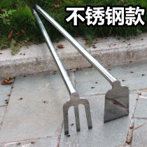 Stainless steel hoe agricultural planting vegetables hoe three-tooth rake open mountain grass grass long handle flower planting vegetable farming tools outdoor turning hoe