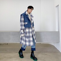 Winter Vintage Plaid Long Woolen Coat Male Temperament Sea Blue Thickened Vest Coat Youth Coat Coat
