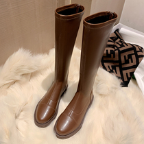 2021 autumn and winter new European station fashion high-barrel knight boots womens flat-bottomed wild middle-barrel leather boots plus velvet