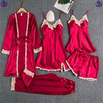Urban sexy beauty with chest pad pajamas female five-piece spring summer and autumn sexy ice silk suspenders nightgown four pieces