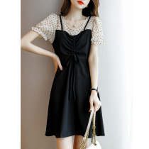 Sandro selen intellectual elegant new design ~ fake two polka dots chiffon suspenders a dress female