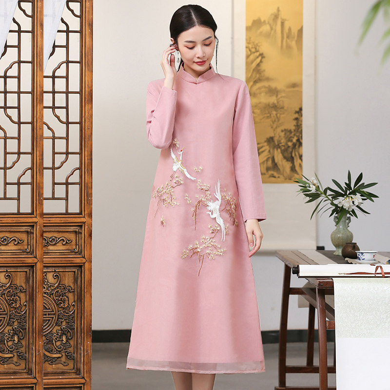 Chinese wind dress spring and autumn daily can wear modified modern wind cheongsam skirt female long retro temperament 675