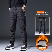 Long pants mens fleece down pants tide brand slim fit casual pants elastic loose straight trend sports pants