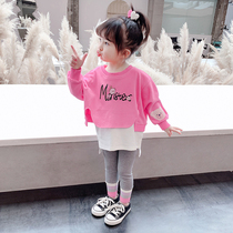 Girls fake two pieces set 2021 new spring and autumn childrens clothing foreign style set children Net red female baby autumn clothes