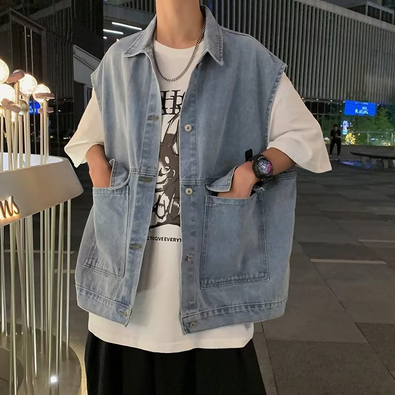 Japanese Cityboy Denim Vest Men's INS Fashion Brand Loose Shoulderless Sleeveless Tank Top Washed Vintage Versatile Coat