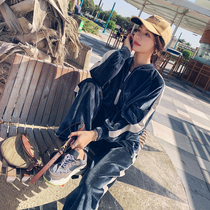 Tide brand leisure sports suit women's spring and autumn new velvet color matching long sleeve gold velvet fashion two-piece women