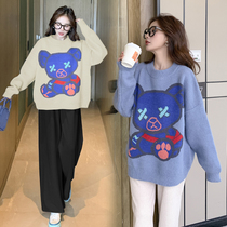Autumn new large size pregnant women loose autumn winter sweater foreign style cartoon sweater top pregnancy suit tide