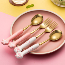 Girl heart cat claw spoon Long handle dessert fork Cute ice cream coffee spoon Exquisite golden spoon