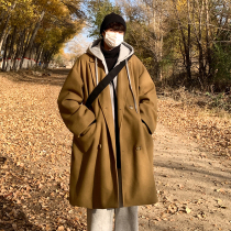 Fake two-piece woolen coat men's winter thickened long hooded windbreaker Korean fashion woolen coat advanced feeling