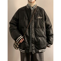 American retro PU leather baseball padded jacket mens winter high street tide brand trend loose thickened warm padded jacket