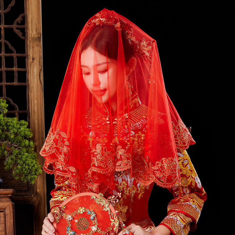 花嫁赤ヒジャーブ結婚式蘇州刺繍半透明メッシュベール赤 Xiuhe スーツ Xipa 中国結婚式ヒジャブ