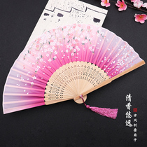  Ancient style folding fan National style classical folding fan Japanese cherry blossom small fan Anime womens childrens dance fan Summer